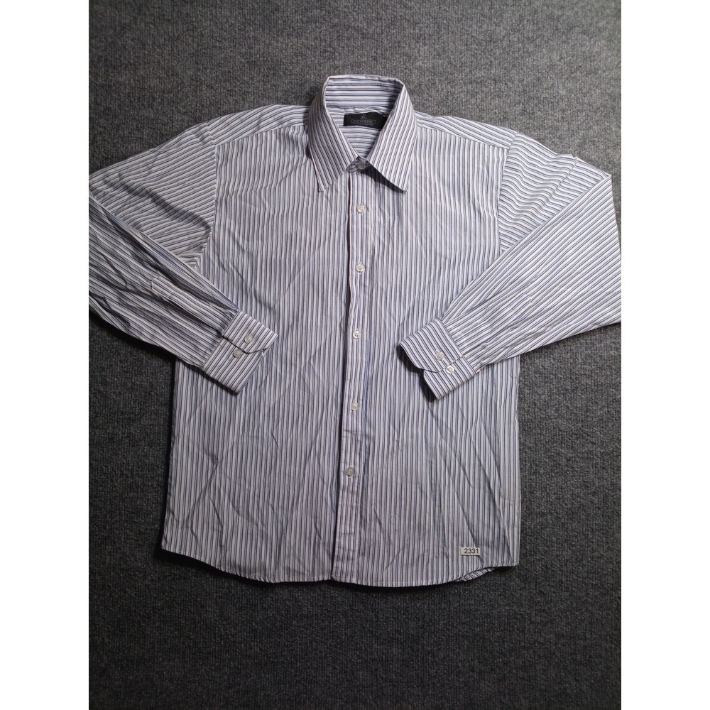 Vitorrino Men's L 16-16.5 Blue White Striped Button Up Dress Shirt Long Sleeve
